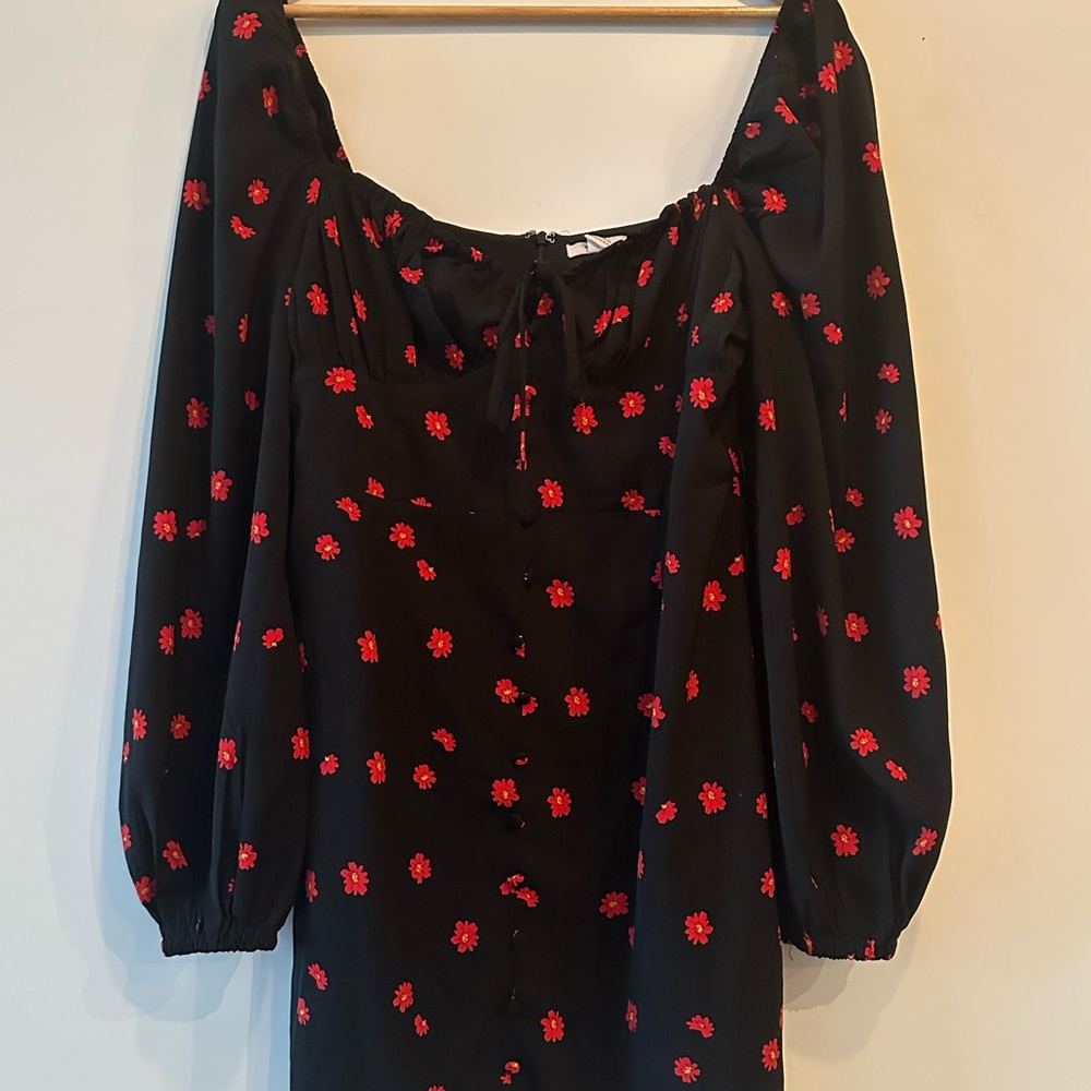 Black Dress with Red Floral Accents